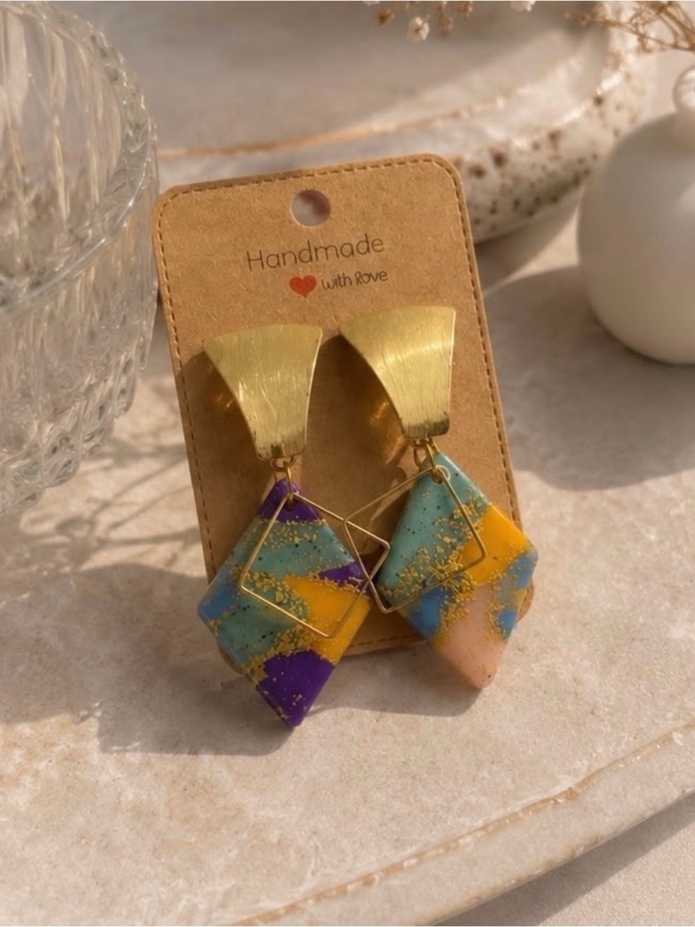 Multicolor Geometric Drop Earrings with Gold Accents